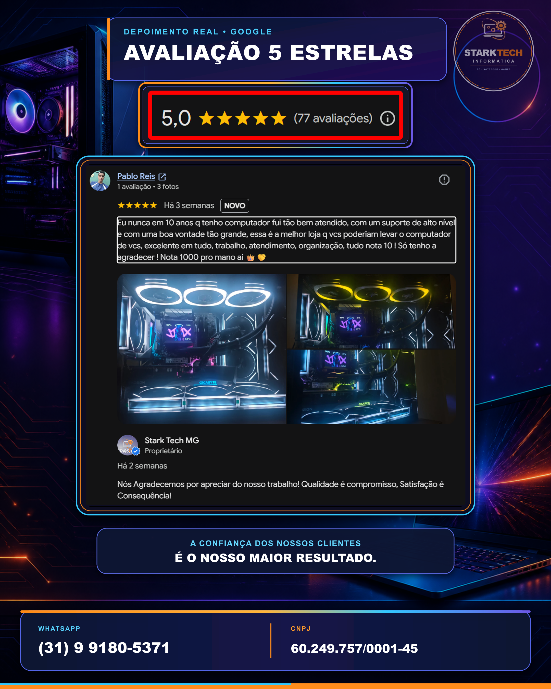 Avaliação de cinco estrelas recebida pela Stark Tech MG